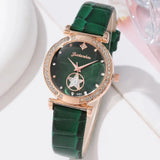 6PCS Set Green Luxury Quartz Watch Women Ring Necklace Earring Rhinestone Fashion Wristwatch Casual Ladies Bracelet Watches 6PCS - Lootquake