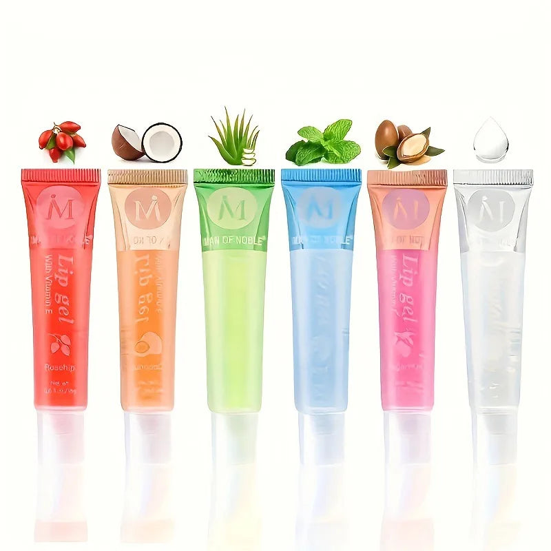 6pcs Fruit Moisturizing Lip Gloss Oil,Transparent Lipstick,Ve, Rosehip,Argan,Peppermintaloe,Coconut Flavor Lip Gel,Long Lasting