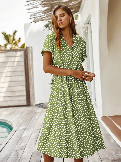 Vintage Floral Print Dress Women Boho Short Sleeve Long Dress Turn Down Collar Casual Waistband Shirt Dresses Robe 2021 Summer - Lootquake