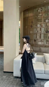 Vestido de vacaciones de verano estilo tailandés con espalda abierta, cuello halter, antiedad, para fotografía, playa, largo, con cinturón