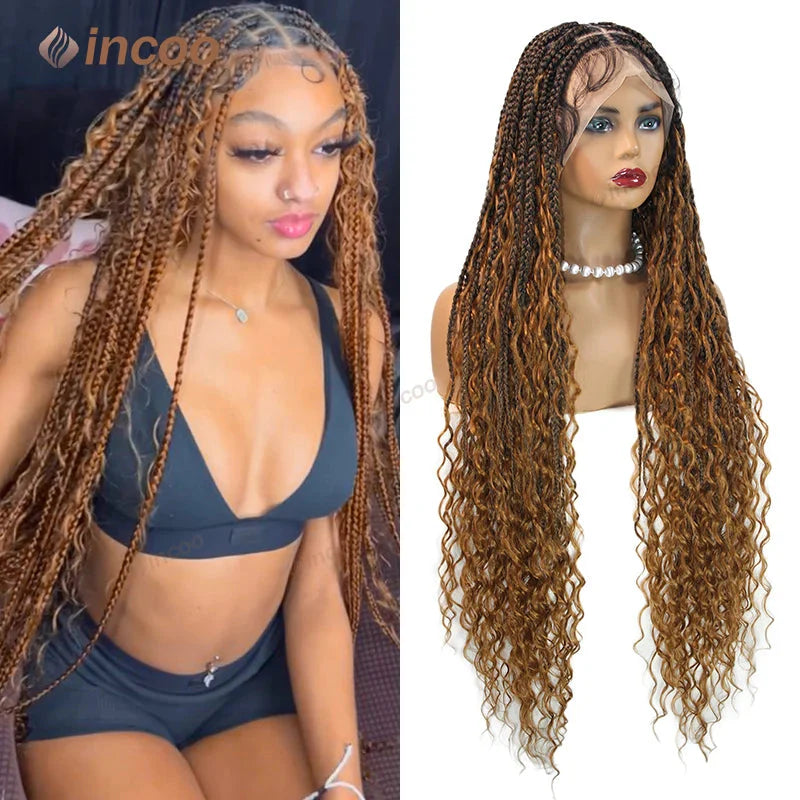 36" Boho Curly Box Braided Lace Wig | Knotless Cornrows | Synthetic Braids for Black Women