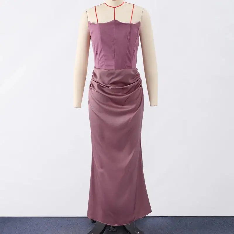 Vestido largo sexy de patchwork sin tirantes para mujer, vestido de sirena plisado sin mangas ajustado, vestido de noche liso para primavera y verano 2025.