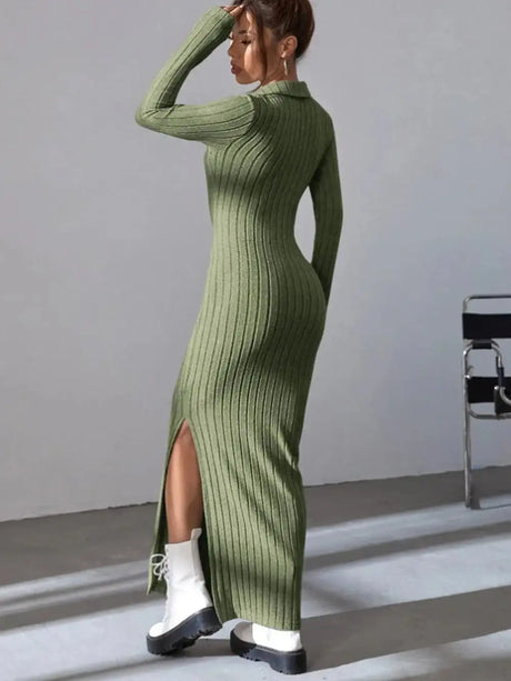 2024 Spring/Summer Knitted Dress Slim Fit Fashion Casual Women's Lapel Long sleeved Dress Concave Stripe Solid Color Long Dress - Lootquake