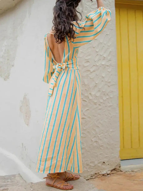 Hirigin Womens Summer Puff Sleeve Long Dress Boho Backless Tie Waist Maxi Dress Bohemian Midi Dress Gauze High Waist Dresses - Lootquake