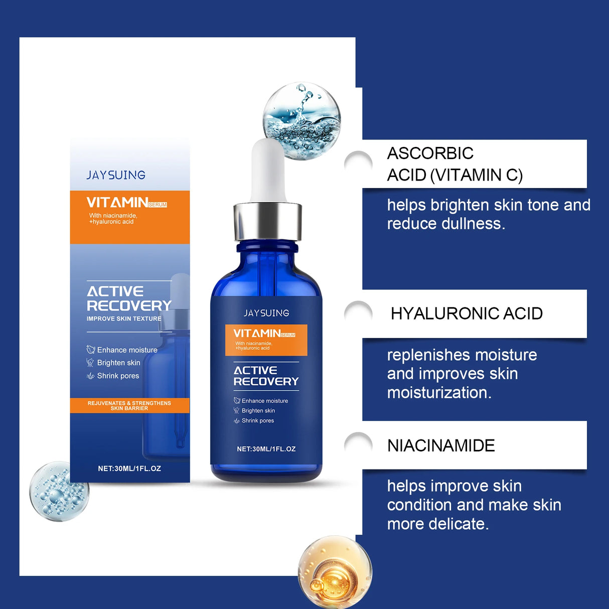 Suero facial con vitamina C y ácido hialurónico, nicotinamida, aclara manchas oscuras, opacidad, hidrata, reduce poros, antienvejecimiento y cuidado de la piel.