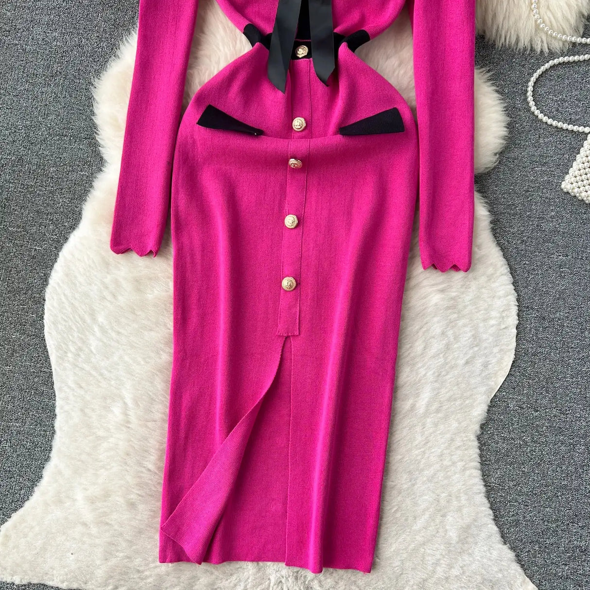 SINGREINY Office Lady Sweater Long Dress 2023 Bow Single Breasted Elastic Split Women Autumn Dress Fashion Senior Knitted Dress - Lootquake