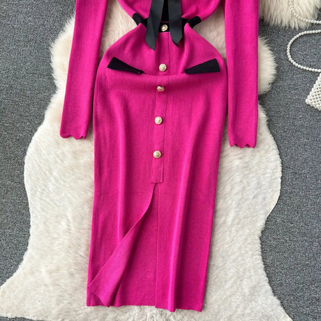 SINGREINY Office Lady Sweater Long Dress 2023 Bow Single Breasted Elastic Split Women Autumn Dress Fashion Senior Knitted Dress - Lootquake