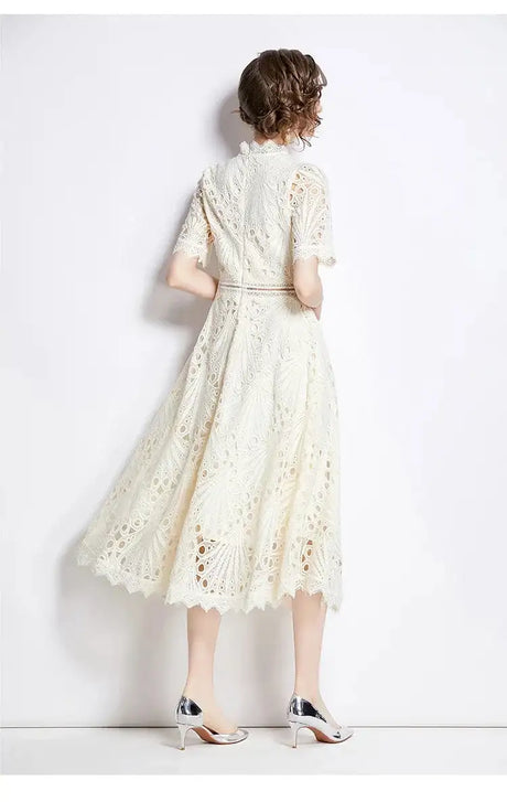 SMTHMA Vintage High-End O-Neck Short Sleeve Lace Hollow Out Dress For Women's Summer Slim Elegant Long Dress Female Clothing - Lootquake