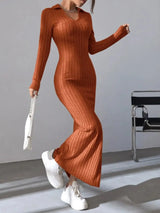 2024 Spring/Summer Knitted Dress Slim Fit Fashion Casual Women's Lapel Long sleeved Dress Concave Stripe Solid Color Long Dress - Lootquake