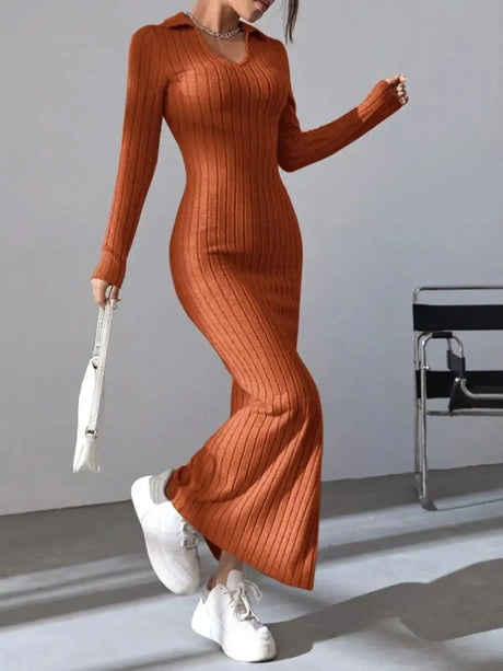 2024 Spring/Summer Knitted Dress Slim Fit Fashion Casual Women's Lapel Long sleeved Dress Concave Stripe Solid Color Long Dress - Lootquake