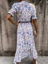 Vestido de verano con estampado floral para mujer, cuello en V, abertura lateral, largo, elegante, manga corta, botones, ajustado, para fiesta de primavera