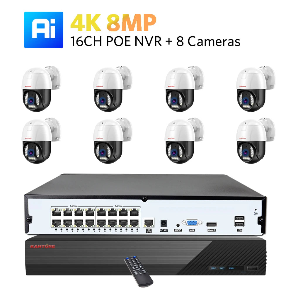 Kit NVR XMEYE de 16 canales POE, sistema de cámara de seguridad PTZ 4K, detección facial IA de 8 MP, audio bidireccional, cámara de visión nocturna a color y resistente al agua.