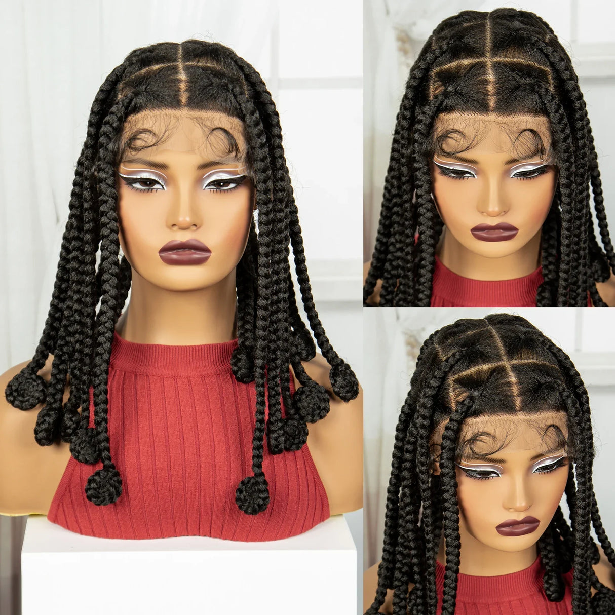 Blonde 12 Inch Synthetic Braided Wigs | Transparent Full Lace Bantu Knotless Box Braids with Baby Hair for Black Women