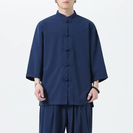 Men Chinese Style Hanfu Shirt 3/4 Sleeve Mens Loose Tops Tang Suit Solid Traditional Kung Fu Shirts Male Chinese Shirts M-5XL - Lootquake