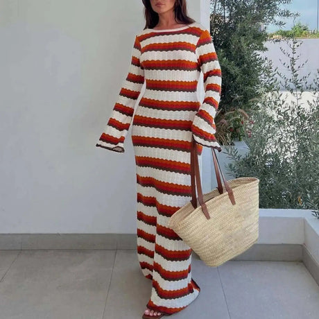 Knitting Hollow Out Dresses Women's Striped Contrast Dresses Beach Vacation Sexy Long Dress Autumn And Winter Sweater Dress - Lootquake
