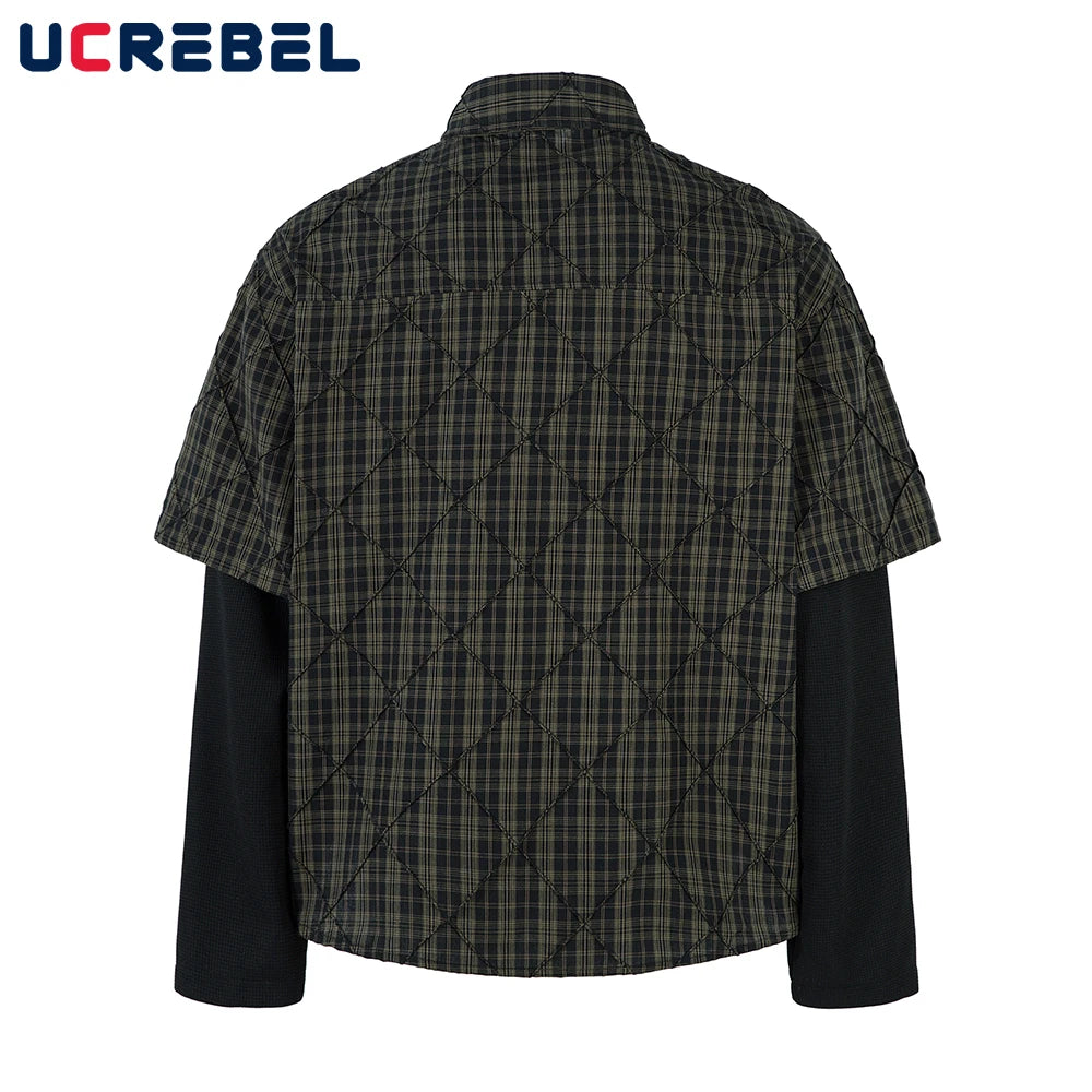Plaid Spliced Fake Two Pieces Shirts Mens High Street Spring Loose Single Breasted Long Sleeve Lapel Shirts Shirts Men - Lootquake