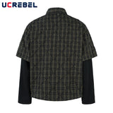 Plaid Spliced Fake Two Pieces Shirts Mens High Street Spring Loose Single Breasted Long Sleeve Lapel Shirts Shirts Men - Lootquake