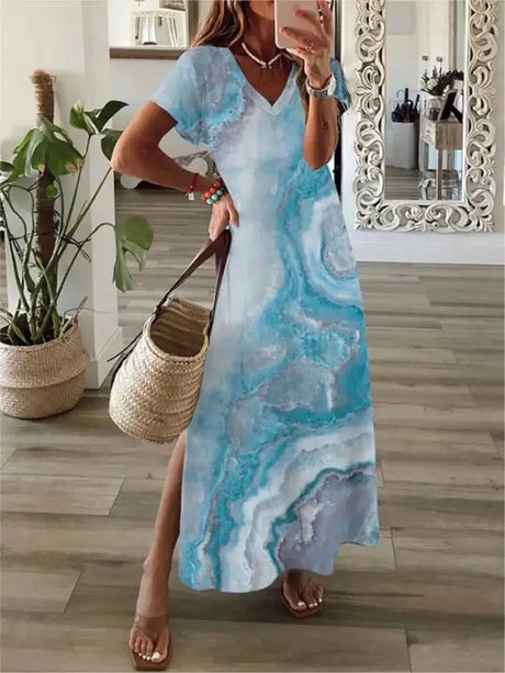 2024 Vintage Floral Elegant Maxi Dress For Women Summer Fashion V Neck Short Sleeve Split Boho Long Dress Party Beach Dresses - Lootquake