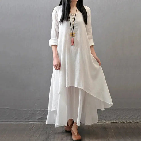 Women Elegant Linen White Dresses Bohemia Layering Vintage Robe Long Sleeve Loose Long Dress Female Autumn Vestidos - Lootquake