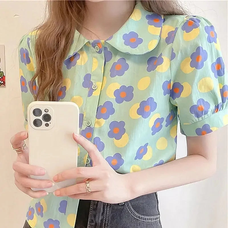 Women Summer Korean Casual Printing Chiffon Loose Polo-Neck Short Sleeve Blouse Women Clothes Sweet All-match Floral Top Tee - Lootquake