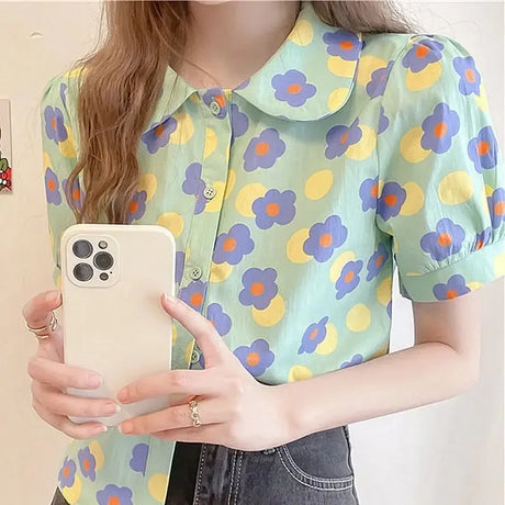 Women Summer Korean Casual Printing Chiffon Loose Polo-Neck Short Sleeve Blouse Women Clothes Sweet All-match Floral Top Tee - Lootquake