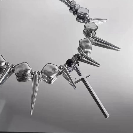 Retro Y2K Long Spike Rivet Necklace Stainless Steel Cross Hip Hop Necklace for Women Vintage Grunge Style Party Jewelry - Lootquake
