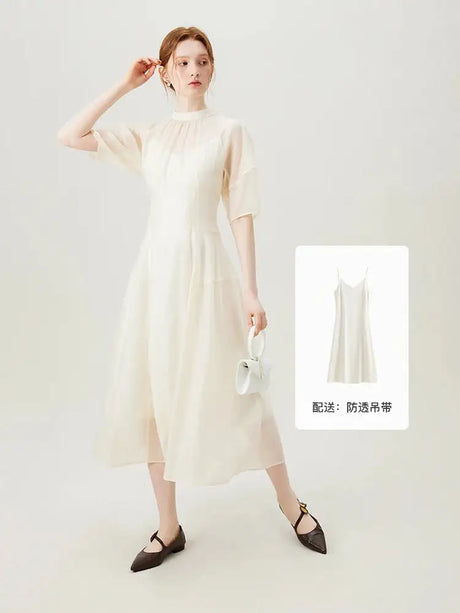 FSLE Women Long Dress Summer Temperament Two Piece Beige Dress Lyocell Short Sleeve Dress+Sleeveless Vest Dress Suit 24FS12929 - Lootquake