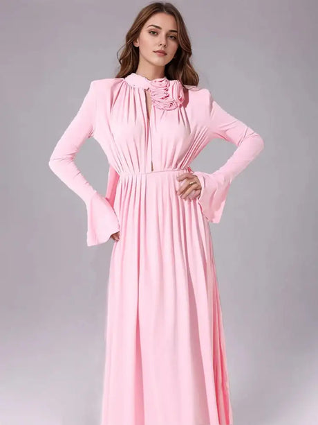 Solid Patchwork Appliques Dresses For Women Half High Collar Flare Sleeve High Waist Elegant Long Dress Female Fashion New - Lootquake