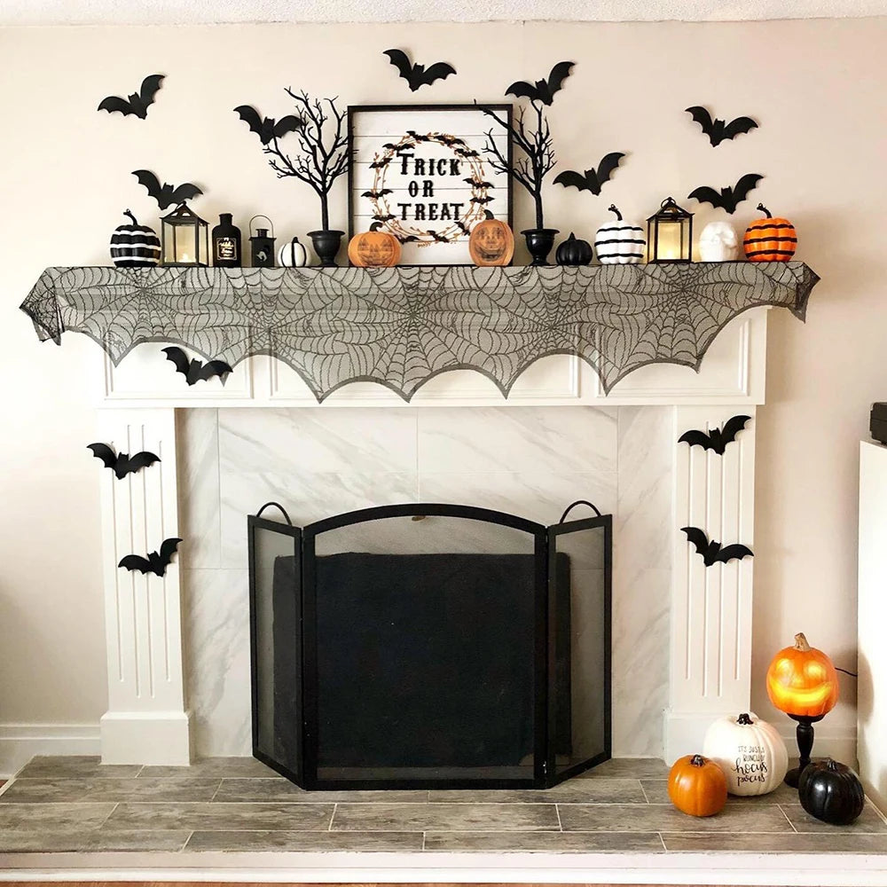 Halloween Decorations Set Spider Web Table Runner Fireplace Scarf Cover Tablecloth 3D Bats Wall Stickers Halloween Party Decor