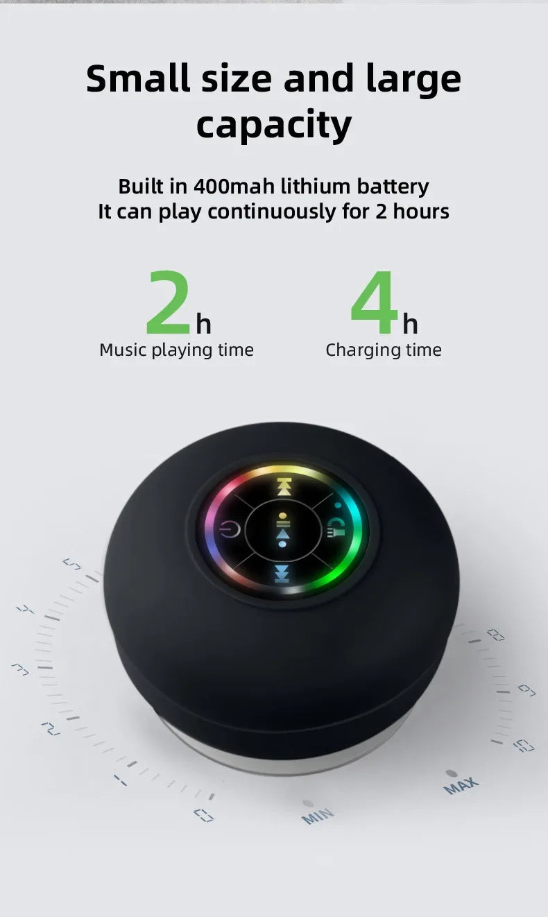 Nuevo altavoz inalámbrico LED Bluetooth impermeable para baño, minialtavoz portátil con ventosa grande, altavoz estéreo para deportes al aire libre