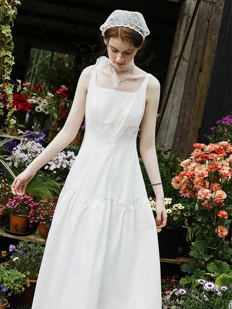 FSLE French White Suspender Long Dress 100% Cotton 2024 Summer New Loose Temperament Ankle-Length Female Dresses 24FS12048 - Lootquake