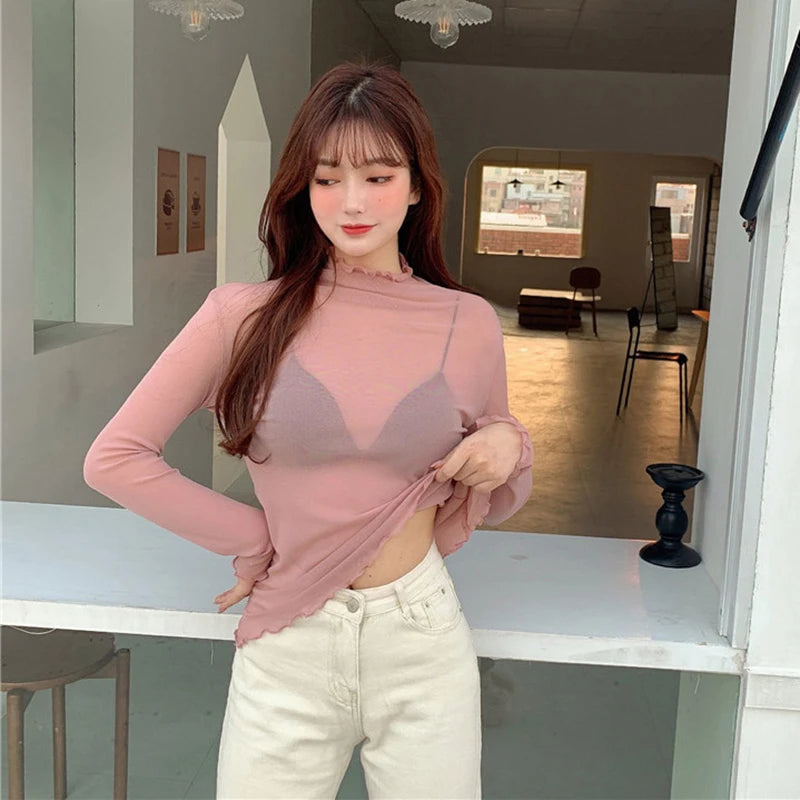 Camisa neón para mujer, de manga larga, con cuello alto, transparente, de malla amarilla dorada, sexy, para fiesta, club, ropa de calle, camisetas de hip hop