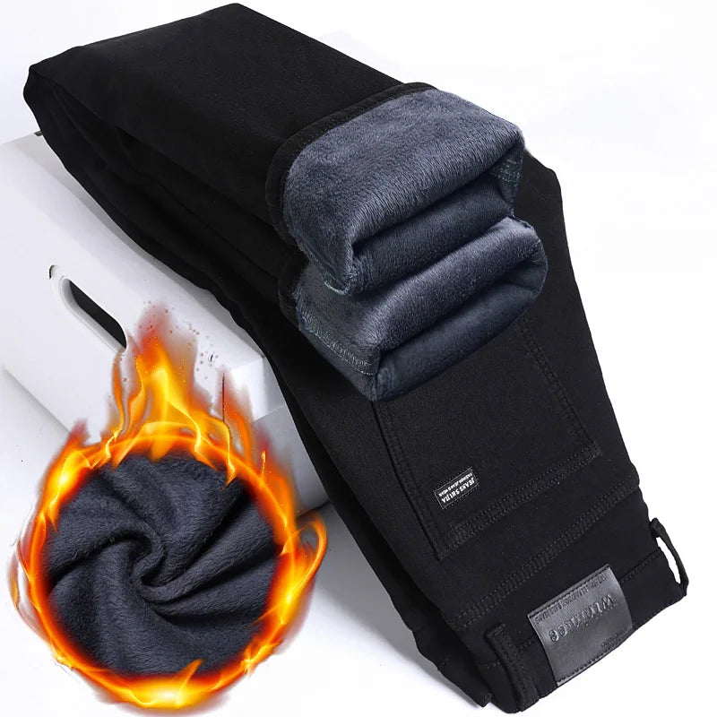 2024 New Winter Pure Black Fleece Thick Warm Jeans Men's loose Straight Elastic Denim Pants classics Casual Plush Trousers - Lootquake