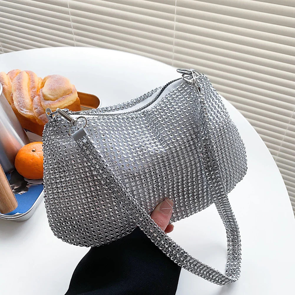 Bling Rhinestone Evening Clutch Bag | Women's Korean Designer Diamond Chain Dinner Party Handbag (Lady Square Tote Shoulder Bag)