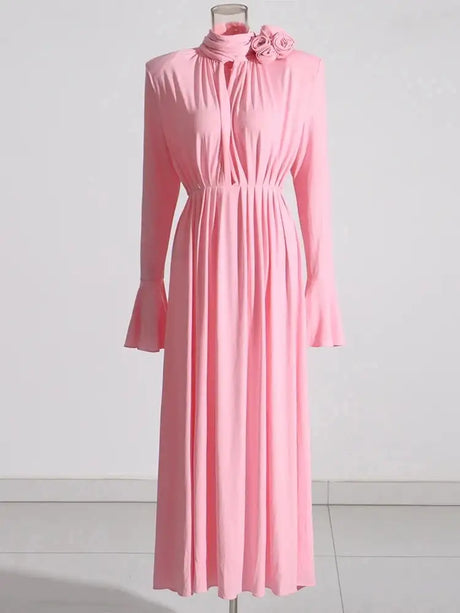 Solid Patchwork Appliques Dresses For Women Half High Collar Flare Sleeve High Waist Elegant Long Dress Female Fashion New - Lootquake