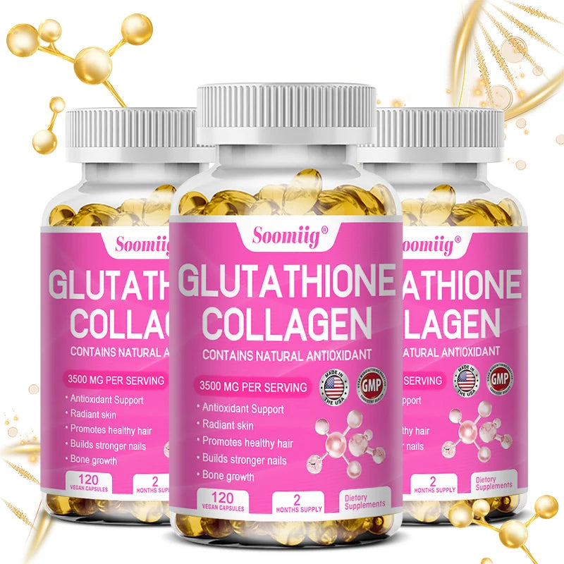 Cápsulas de colágeno con glutatión: aclaran la piel y previenen el envejecimiento. Favorecen la salud del cabello, la piel y las uñas. Sin OMG. Suplemento de glutatión.