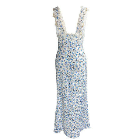 Y2K Chic Women Lace Trim Long Dress 90s Vintage Sexy V Neck Tie Up Backless Bodycon Elegant Lady Club Party Night Cocktail Dress - Lootquake