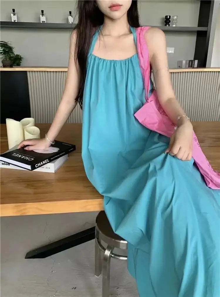 Vestido de vacaciones de verano estilo tailandés con espalda abierta, cuello halter, antiedad, para fotografía, playa, largo, con cinturón