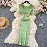 Green 2024 Sexy Summer Knit Short Sleeve Dress Women Squar Collar Waist Bodycon Sundress Female Beach  Backless Long Dress - Lootquake