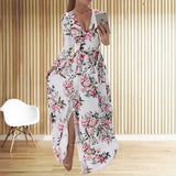 Amazon eBay Cross border 2024 Summer Chiffon Printed Long Dress V-neck Dress Long Sleeve Split Dress Women - Lootquake