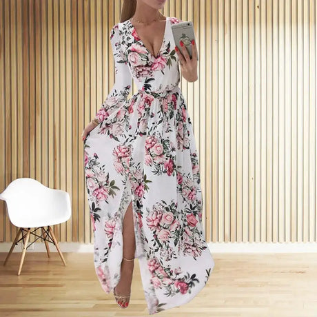 Amazon eBay Cross border 2024 Summer Chiffon Printed Long Dress V-neck Dress Long Sleeve Split Dress Women - Lootquake