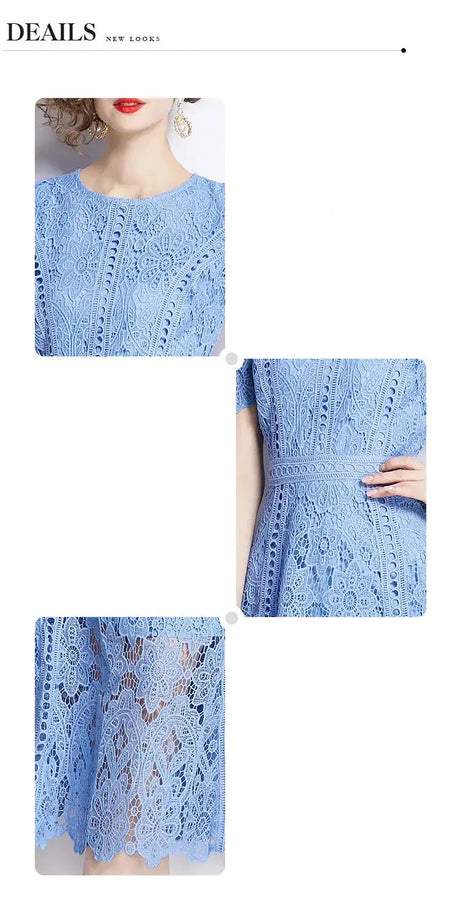 SMTHMA Vintage High-End O-Neck Short Sleeve Lace Hollow Out Dress For Women's Summer Slim Elegant Long Dress Female Clothing - Lootquake