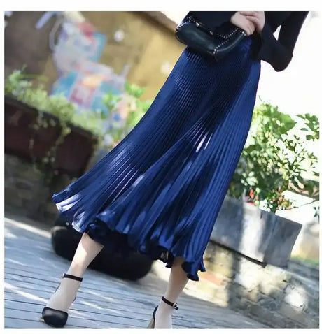 High-Waisted Vintage A- Line Accordion Skirt European Style Pleated Dress Metal Color Wide Hemline Long Dress For Women - Lootquake