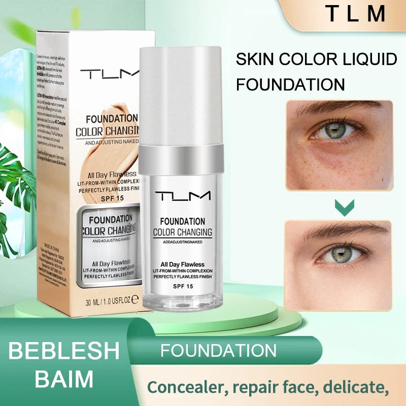 TLM TUM Base de maquillaje líquida profesional, cobertura total, corrector facial, resistente al agua, ilumina, cubre ojeras, 30 ml
