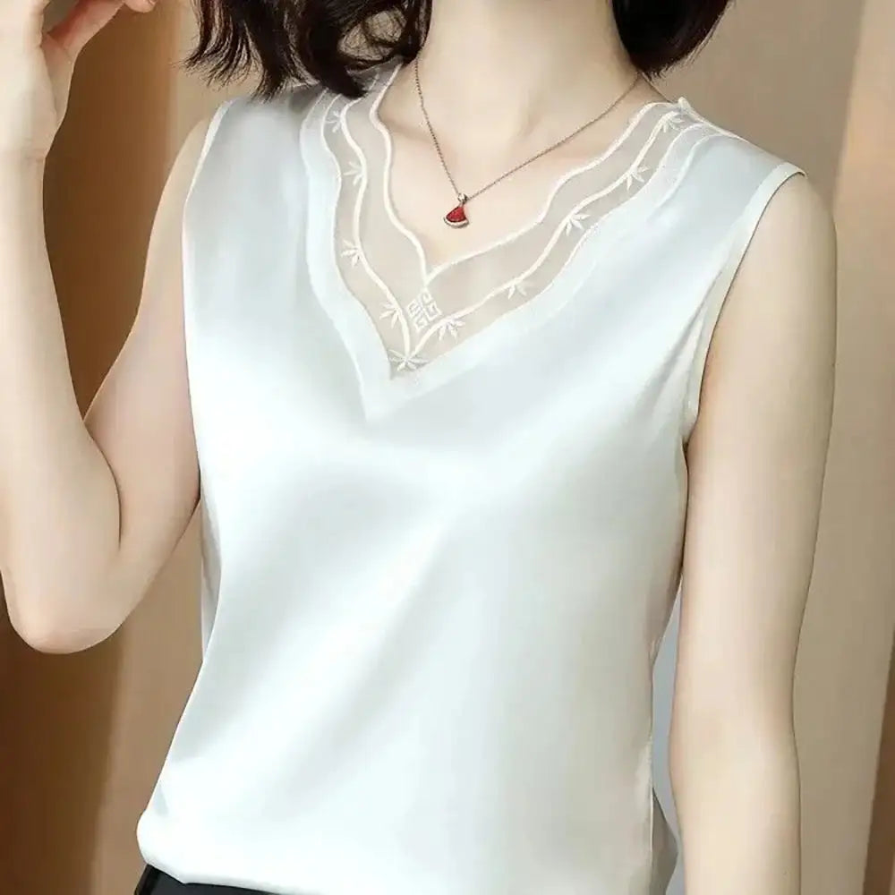 Nueva ropa de mujer, chaleco, camiseta sin mangas, traje de mujer, forro de encaje, verano 2024, nuevo top sin mangas de satén de seda, chalecos con tirantes