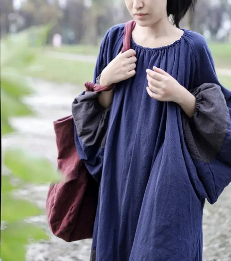 Oversized Spring New Women Big Size Robe Dress Korea Casual Loose Ladies Pullover Cotton Linen Dresses Woman Blue Long Dress - Lootquake