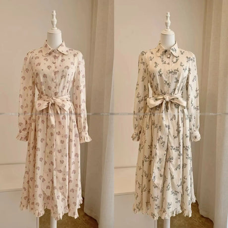 2025 New 100% Linen Flower Print Long Sleeve Tie Up Waist Loose Long Dress - Lootquake