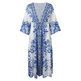 2025 Boho Print Half Sleeve Long Dress Women Fashion Japanese Kimono Lace-Up Robe Summer Sundress Holiday Beach Dress Vestidos - Lootquake