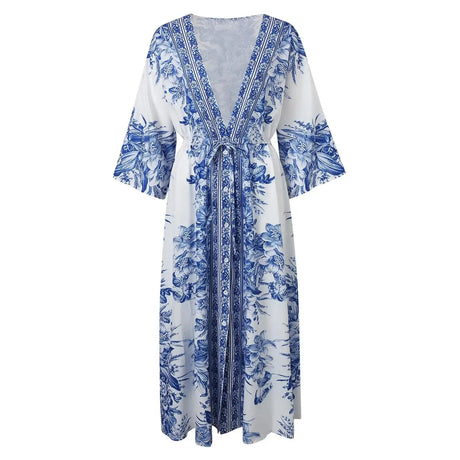 2025 Boho Print Half Sleeve Long Dress Women Fashion Japanese Kimono Lace-Up Robe Summer Sundress Holiday Beach Dress Vestidos - Lootquake