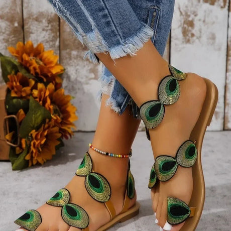 Yellow Embroidered Faux Flower Fashion Sandals Flat Plus Size 43 Summer Outdoor Beach Shoes Travel Mom Shoes - Lootquake